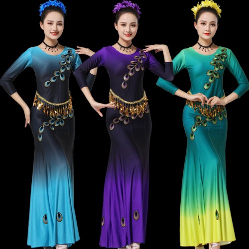 Green blue purple gradient chinese thailand Dai dance clothes Ethnic cucurbit costumes Peacock dance performance long-sleeved dresses adult female